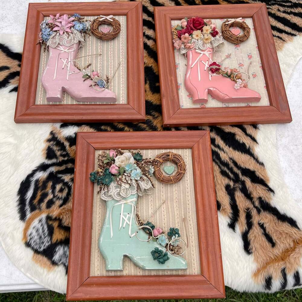 Vintage 3pc 3D Boot Floral Wall Art Cottagecore Framed Country Decor